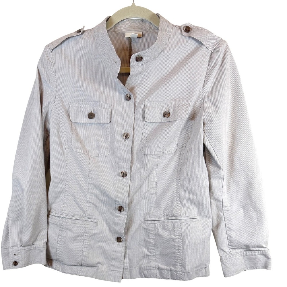 J. Jill Stretch Petite Grey Pinstripe Utility Jacket Military Button Front SP